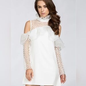 Crochet Woven Sheer Trimmed Elegant Formal White Dress, Cut Out Dropped Shoulder